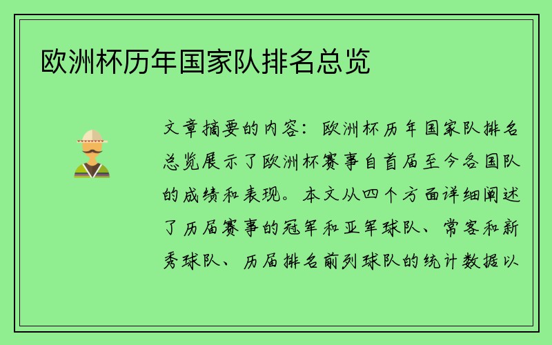 欧洲杯历年国家队排名总览